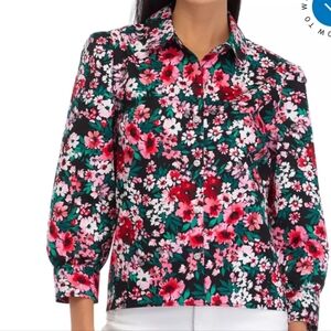 Crown & Ivy Floral Long Sleeve Button Up Blouse With Rhinestone Flower Buttons